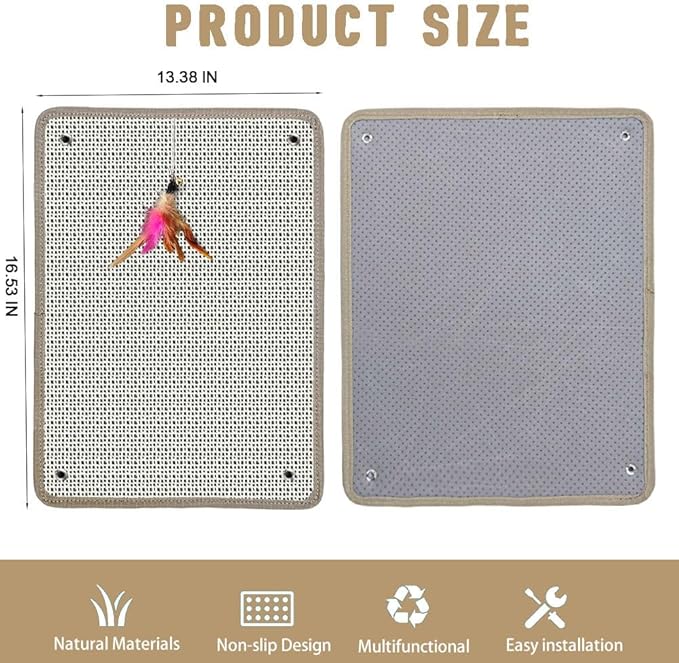 Cat Nail File Scratcher & Scratching Pad – Natural Sisal Scratch Mat with 80-Grit Aluminum Oxide, Wall/Floor Cat Scratcher that Files Nails for Easy Nail Trimming (13.38×16.53)