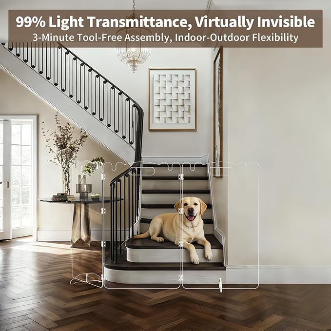 Clear Acrylic Dog Pet Gate - 99% Transparency Gentle Bond Seamlessly with Home - 32in Tall Foldable Freestanding No-Drill Tool-Free Assembly - for Small to Large Dogs Cats Indoor Stairs Doorways
