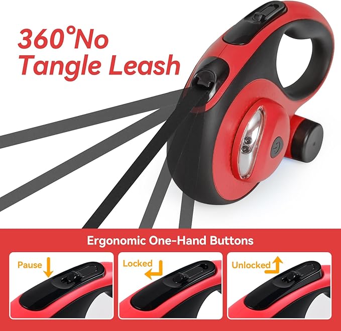 Heavy Duty Retractable Dog Leash for Large Dogs, 26ft Dog Leash with Poop Bag Holder, Up to 110lbs, chew Proof Cable, LED Light, 360° No-Tangle, One-Handed Pause & Locked (Red, L 26ft)