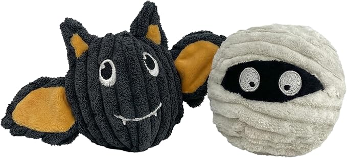 PetLou Bat & Mummy Head Squeaky Ball Dog Toy, Twin Pack (4"), Halloween Dog Toys, Durable & Stuffing-Free Pet Supplies for Small & Medium Dogs