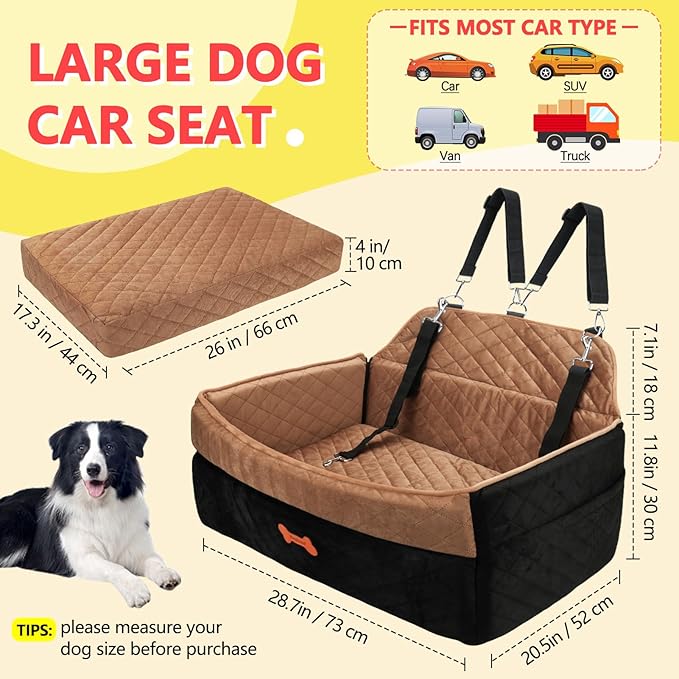 Dog Car Seat for Medium Large Dogs, Detachable Washable Pet Booster Seat with Memory Foam Cushion, Side Pockets, 2 Clip-On Safety Leashes Pet Car Seat for Dog Up to 60 lbs/2 Small Dogs-Brown