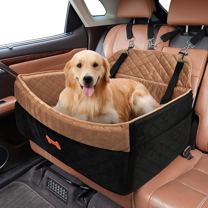 Dog Car Seat for Medium Large Dogs, Detachable Washable Pet Booster Seat with Memory Foam Cushion, Side Pockets, 2 Clip-On Safety Leashes Pet Car Seat for Dog Up to 60 lbs/2 Small Dogs-Brown