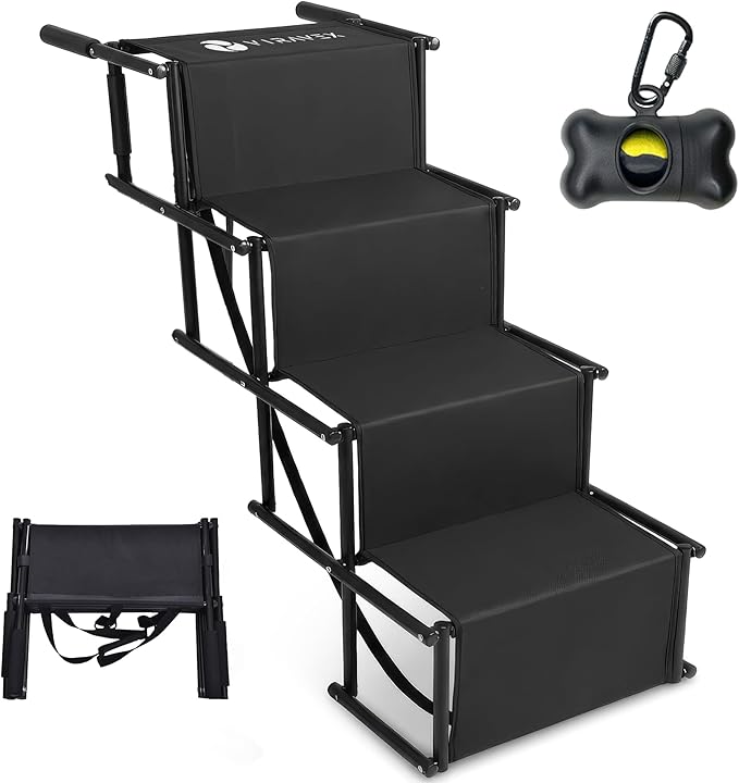 Dog Stairs for Car, Truck & SUV – Foldable Dog Steps for Small & Large Dogs with Anti Slip Surface & Poop Bag Dispenser, Lightweight Dog Ramp Holds Up to 130lbs