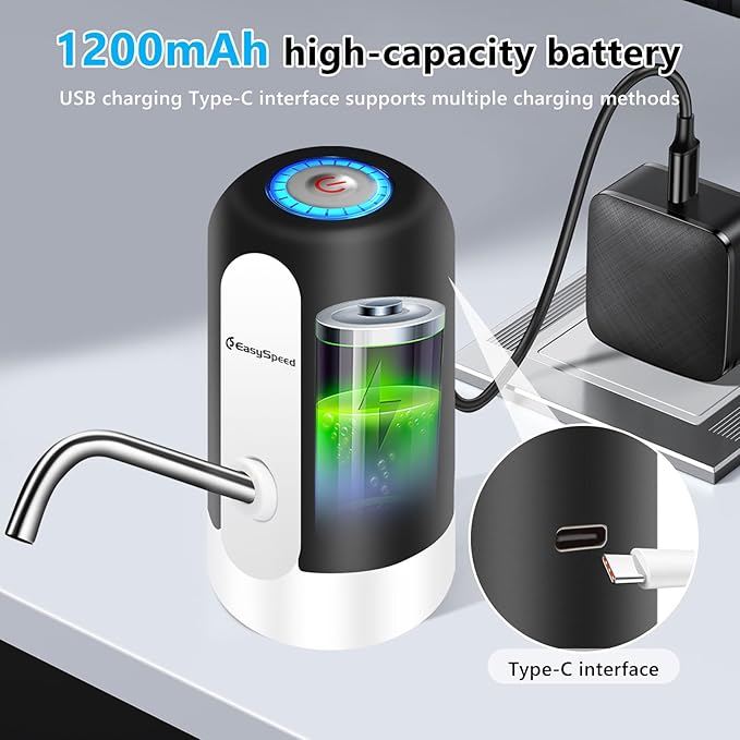 Water Dispenser for 5 Gallon Bottle, USB-C Electric Water Pump for 5 Gallon Jugs and Bottles, Portable Automatic Drinking Water Dispenser for Camping, Travel, Black