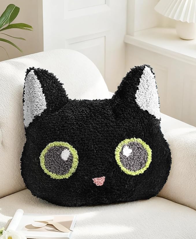 Black Cat Shaped Throw Pillow - Cute Decorative Plush Throw Pillow for Couch, Sofa, or Living Room, 13" x 13" Soft Stuffed Cushion for Home Decor