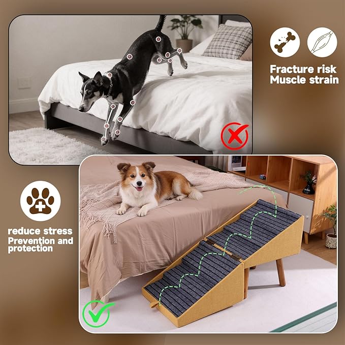 21.06”H Dog Stairs for High Bed, 6-Step Pet Stairs with Split Ottoman Design - Tall Dog Steps Convertible to Bedside Table Nightstand, Large Non-Slip Stairs for Big Medium Dogs to Bed(Yellow)