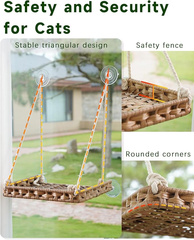SETVSON Cat Window Perch Cat Window Hammock Bed for Indoor Cats, Large Handwoven PE Rattan Window Seat, 4 Suction Cups, Double Sided Washable Cushion Bed, 2.3 Inch Fence Shelf, for Pet Kittens Natural