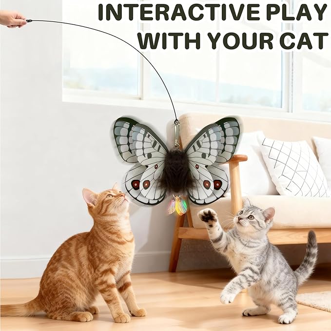 Walfront Cat Toys Interactive Teaser Wand, Butterfly Attachment with Pink Petal Suction Cup Base, Realistic Butterfly & Feather for Independent Play or Interactive Bonding with Cats & Kittens