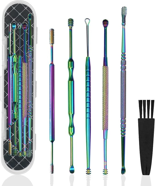 Hion 6 Pcs Ear Wax Removal Kit,Professional Double-Headed Ear Pick Earwax Removal Tools,316L Stainless Steel Ear Cleaner Curette with Cleaning Brush and Storage Box,Suit for Kid Adult(Colorful)