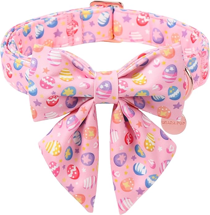 Easter Day Dog Collar with Bow, UP URARA PUP Easter Eggs Adjustable Pet Collar Bowtie with Metal Buckle, Colorful Eggs Cotton Dog Collars for Small Medium Large Dogs, L