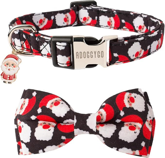 ADOGGYGO Christmas Dog Collar with Detachable Bowtie, Adjustable Red Santa Pet Christmas Bow Collars for Small Medium Large Dogs (Small)