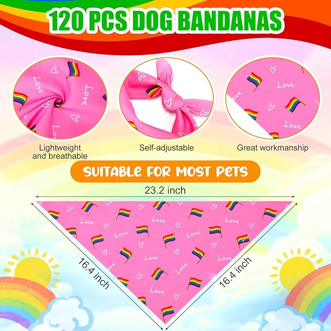 Sanwuta 120 Pcs Rainbow Bandanas for Dogs Bulk Gay Pride Day Triangle Dog Bandana LGBT Washable Pet Scarves Adjustable Bibs for Small and Medium Pets, 30 Styles
