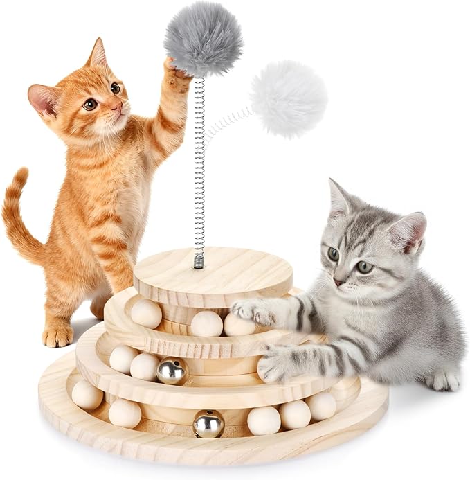 Large 2-in-1 Wooden cat Toy Tower with Spring cat Toy Stick, Indoor Interactive Track Ball and Bell Toy for Kittens - Puzzle Solving, Exercise and Play