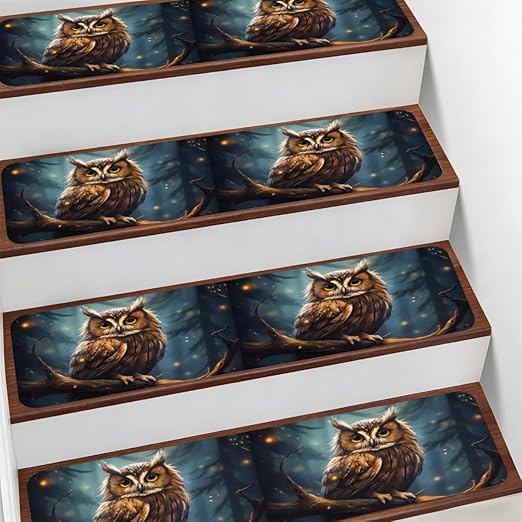 Animal Forest Owl Stair Treads for Wooden Steps Indoor Washable Staircase Carpet 1PCS 30"x7.8" Stair Step Treads Non-Slip Staircase Covers Peel and Stick Safety Mat for Kids Elders Pets
