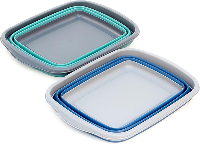 SAMMART 10L (2.6 Gallons) Set of 2 Collapsible Tub - Foldable Dish Tub - Portable Washing Basin - Space Saving Plastic Washtub (Dark Sea Green & Steel Blue, 2)