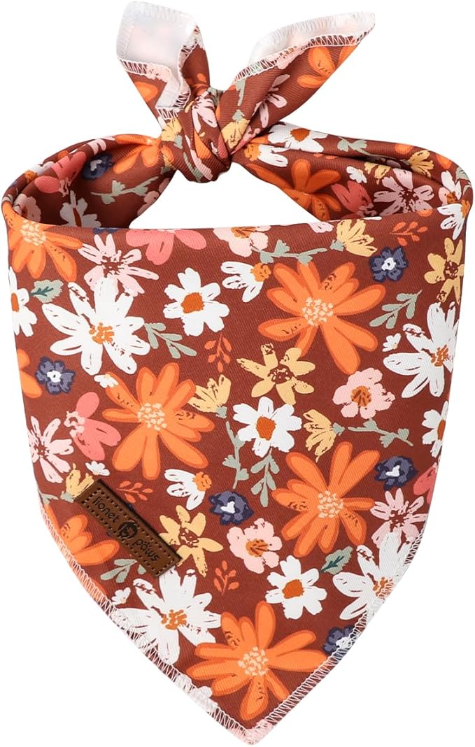 Lionet Paws Fall Dog Bandana Washable Cotton Borwn Handkerchief Scarf Triangle Floral Oxalis Bandana for Medium Large Dogs Girl Boy