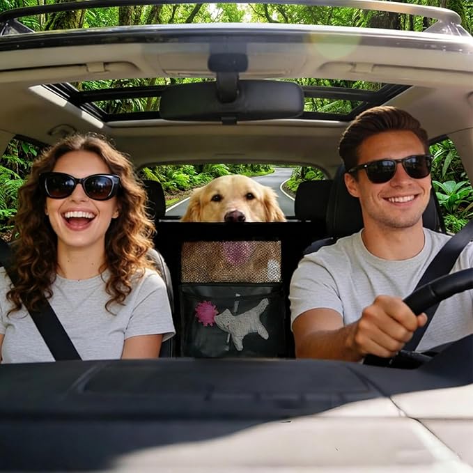 Dog Car Barrier, Dog Car Net Barrier, Heavy Duty Canvas Seat Divider with Belt Set, Double-Sided Organizer, Adjustable Pet Safety Kit, Precision Fit for SUV & Cars