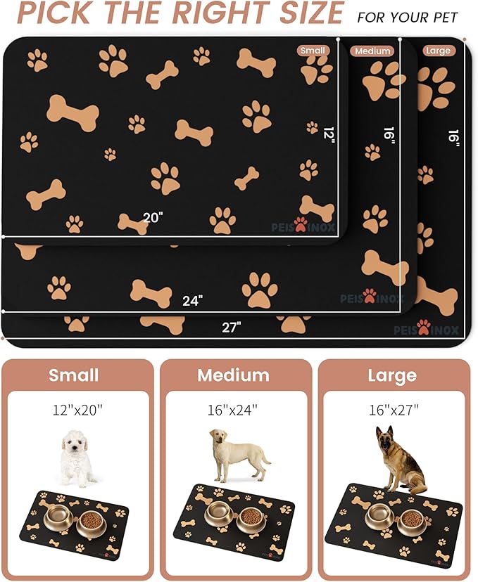 PEISAINOX Cat Dog Food Mat, Rapid Water Absorption Dog Mat for Food and Water,100% Waterproof Cat Dog Bowl Mat, 16"x27"-Black