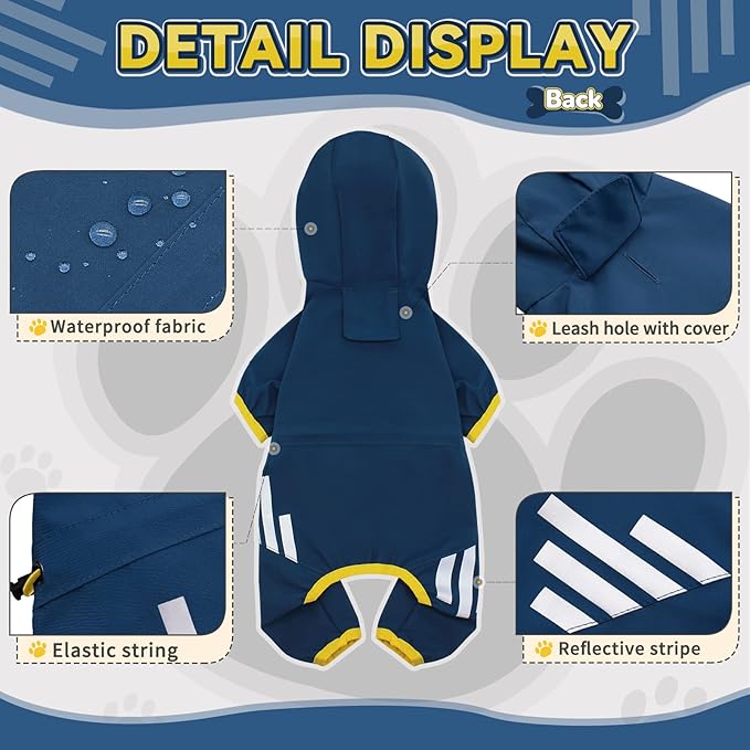 Dog Raincoat, Waterproof Dog Rain Jacket with Hood, Dog Rain Coat with Leash Hole, Reflective Strap for Small Medium Dogs, Lightweight Puppy Clothes(Blue,XS)