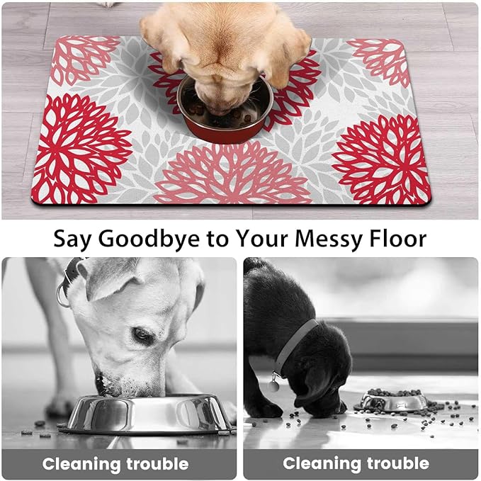 Dog Food Mats for Floors, Absorbent and Quick-Drying Pet Cat Food Mat,Anti-Fouling and Easy-to-Clean Pet Feeding Mat,Dog Bowl Mat for Messy Drinking Water Bowls.17x27, Bohemia Dahlia Floral Style