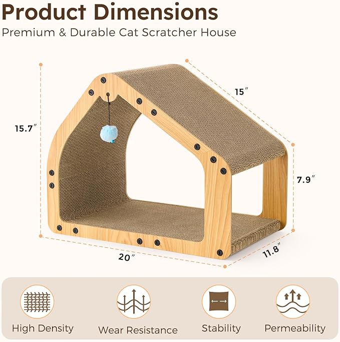 ZOMISIA 20'' Cardboard Cat Scratcher House - Large Cat Scratching Board with Balls, Cat Lounger as Tunnel for Indoor Cats and Kittens, Safe & Secure, Brown