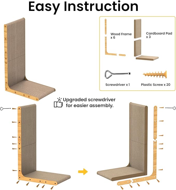 Conlun Cardboard Cat Scratcher,26" L-Shaped Scratch Pad Wall Mounted,Vertical Scratching Post Durable Cardboard to Protect Furniture for Indoor Cats,Wood Grain Junbo (2 Pack)