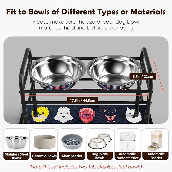 ADENGL Elevated Dog Bowls for Large Dogs – 4 Height Adjustable Raised Stand with 2×1600ML Stainless Steel Bowls & Non-Slip Mat, Heavy-Duty Metal Frame Dog Feeder for Indoor & Outdoor Use