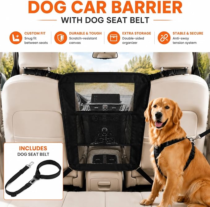 Dog Car Barrier, Dog Car Net Barrier, Heavy Duty Canvas Seat Divider with Belt Set, Double-Sided Organizer, Adjustable Pet Safety Kit, Precision Fit for SUV & Cars