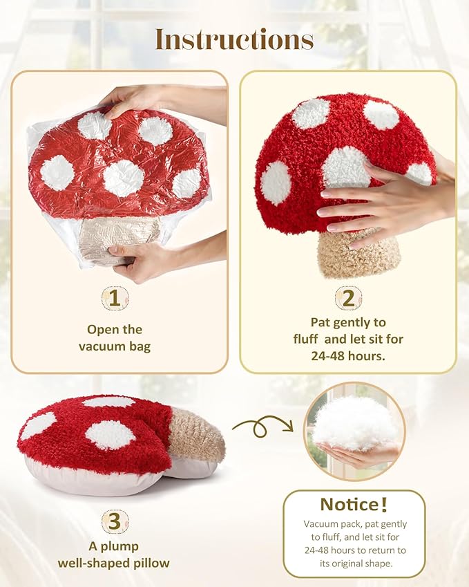 Mushroom Shaped Throw Pillow - Cute Decorative Plush Throw Pillow for Couch, Sofa, or Living Room, 13.8" x 13.8" Soft Stuffed Cushion for Home Decor