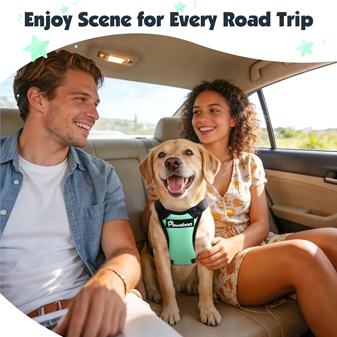Pawaboo Dog Seat Belt Harness for Car, Dog Car Harness Seatbelt with Double Clips, Adjustable Breathable Pet Vest & Dogs Safety Tether with Elastic Bungee for Small Medium Large Pet, L, Blue + Black