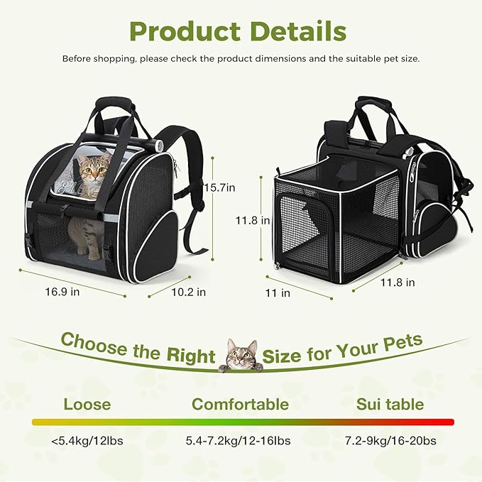 Lekereise Widened Pet Backpack Travel, Wide Pet Carrier Backpack for Cats and Small Dogs up to 18 lbs, Breathable Mesh Backpack Carrier with Sun Shade, Safety Leash, Hand Carry for Travel Vet Car