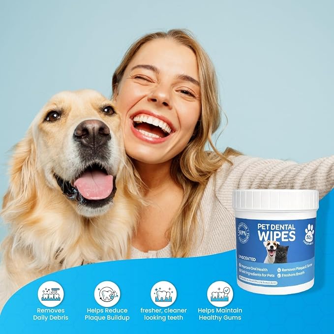 Pet Dog Teeth Cleaning Finger Wipe – 50-Count Disposable Teeth & Gum Cleaning Dental Wipes for Dogs & Cats, Embossed Finger Pads for Plaque & Tartar Removal, Breath Freshening, No-Rinse Oral Care
