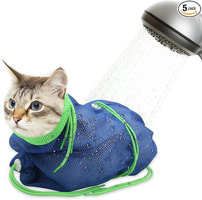 Catcan Cat Bathing Bag, Breathable Cat Grooming Bag, Anti Scratch Adjustable Cats Shower Washing Bag with Mesh for Nail Trimming