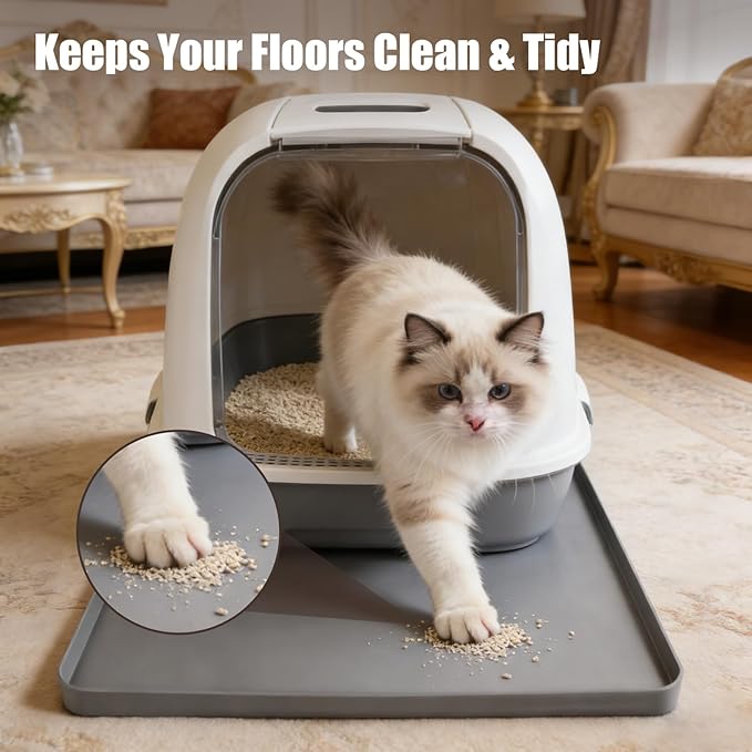 Silicone Cat Litter Mat 24x20 in Waterproof Litter Box Mat Leak-Proof Thick Under Kitty Litter Box Feeding Tray with Raised Edges for Floor Carpet, Grey