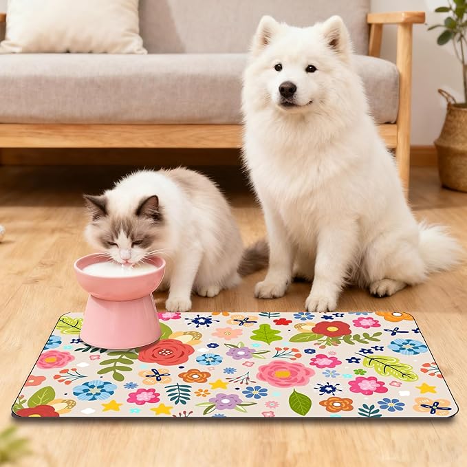 Flower Pet Mat for Dog and Cat 20" x 12" Floral Pattern Cat Feeding Mats Cute Rectangle Diatomaceous Earth Absorbent Quick Dry Dog Pet Feeding Placemat for Food and Water Bowls Supplies