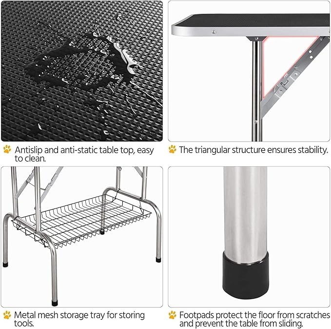 Pet Dog Grooming Table, Foldable Stainless Steel Pet Drying Grooming Table Up to 330lbs, Professional Bathing Desk for Dogs at Home with Adjustable Overhead Arms, Noose, Mesh Tray, 36''/Black