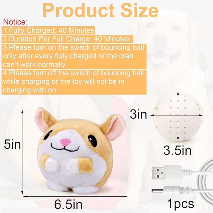 Mity rain Interactive Dog Toys, Interactive Dog Ball for Pet Automatic Rolling Jumping Vibrating Wiggling, Dog Squeaky Ball with Chewable Plush Cover&Music for Small/Medium/Large Dogs Chasing（Hamster
