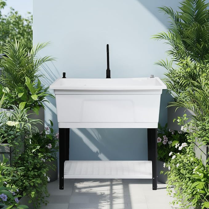 Bonnlo 37-Gallon Freestanding Utility Sink with Faucet, 36" Heightened Basin for Laundry, Garage, Outdoor Garden, Pet Wash, Heavy Duty Plastic Laundry Tub with Storage Shelf, 40"L×24"W×36"H (White)