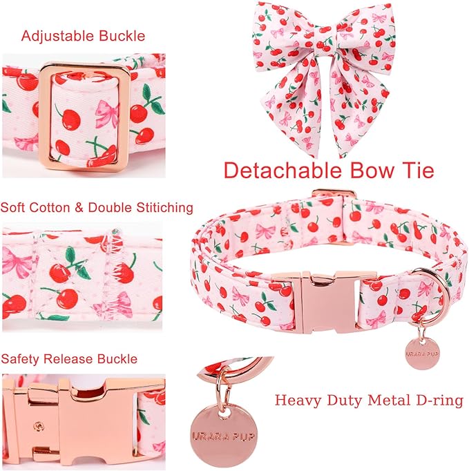 Spring and Summer Dog Collar with Bow Tie, Cherry Bowtie Collar Adjustable for Girl Boy Dog, Spring Pink Bow Collar for Dogs, XL