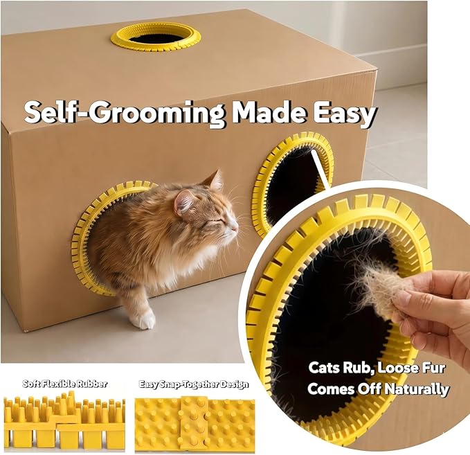 Cat Self Groomer Arch for Cardboard Boxes, DIY Cat Tunnel Brush & Massage Comb for Indoor Cats, Interactive Self Grooming Toy for Cat Cave, Hideouts & Enrichment Play (Sunny Yellow)