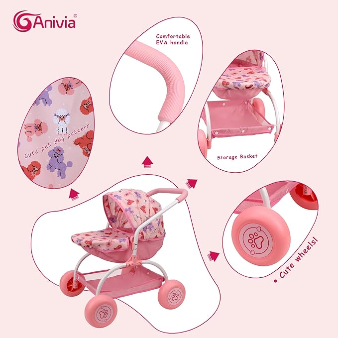 ANIVIA Doll Stroller Toy Realistic Doll Stroller Heart Design Gifts for Toddlers and Girls Foldable Baby Doll Stroller Toy