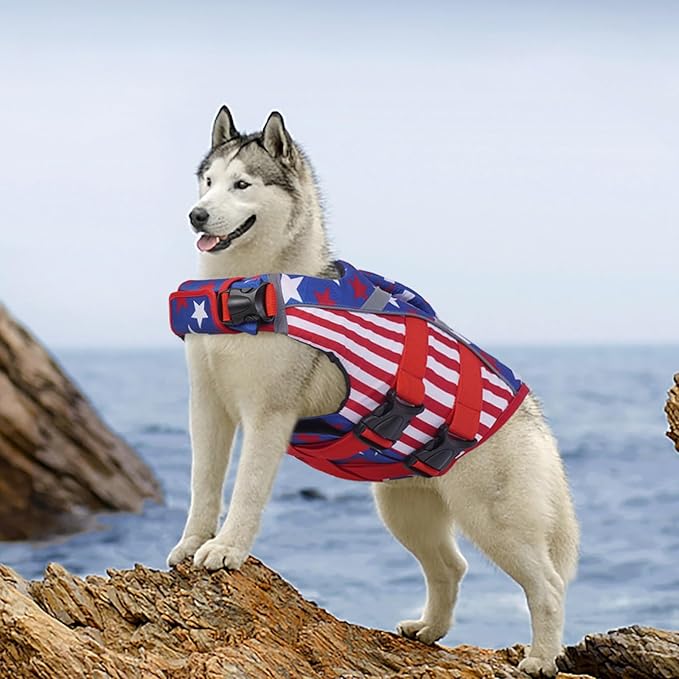 Kuoser Dog Life Jacket with Reflective Stripes, Dog Life Vest for Swimming Boating, Adjustable Pet Lifejackets with High Flotation, Doggie Swimsuit for Small Medium Large Dogs