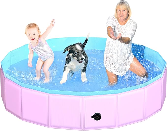 CACSPS 2025 Updated Foldable Dog Pool, 71" x 12" Kiddie Pool with Hard Plastic, Non-Slip Dog Bath Tub for Outdoor Backyard, Collapsible Dog Swimming Pool for Kids Dogs Pets (Pink)