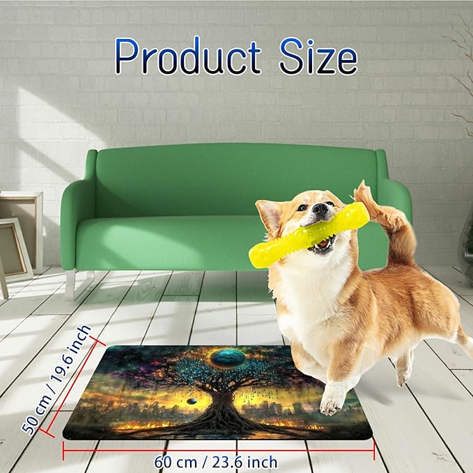 Dog Food Mat, 19.6" x 23.6" Absorbent Pet Feeding Mat for Food and Water, Waterproof Diatom Mud Pet Placemat with Non-Slip Rubber Backing, Easy Clean Cat Bowl Mat for Floors - Rain Drop Trees