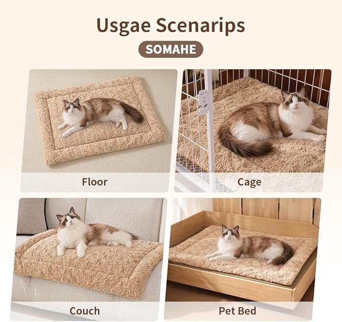 SOMAHE Self Warming Cat Bed Mat, Washable Self Heating Cat Mat, Extra Warm Thermal Pet Pad with Non-Slip Bottom, Soft Plush Faux Fur for Indoor Pet Sleep Cushion, 23x15 Inch Latte