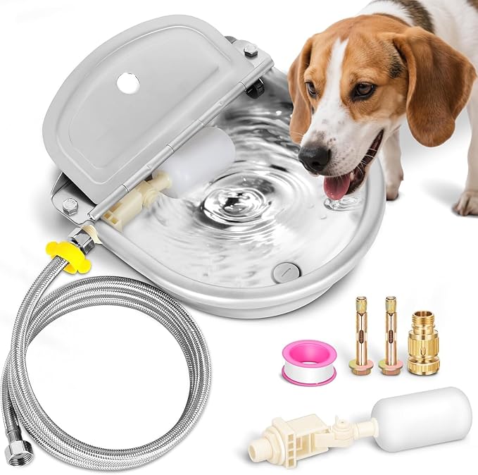 Ademon Automatic Animal Drinking Water Bowl with Float Valve, Extended Pipe & Drain Hole, Stainless Steel Waterer Feeder Farm Dog Dispenser Kit Self Filling for Livestock Horse Goat Water Trough