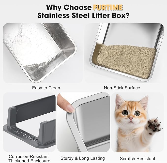 FURTIME Stainless Steel Cat Litter Box, Easy-Clean High-Sided Metal Litter Box, Open-Top Litter Pan for Small Cats, Includes Scoop & Mat, Non-Stick, Anti-Leakage, 17"×13"×8.4"