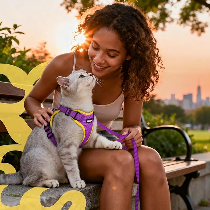 rabbitgoo Cat Harness and Leash Set, Escape Proof Kitten Harness for Safe Outdoor Walks, Soft Breathable Adjustable Vest with Reflective Strips for Kittens and Extra Small Cats, Purple & Yellow, XXS