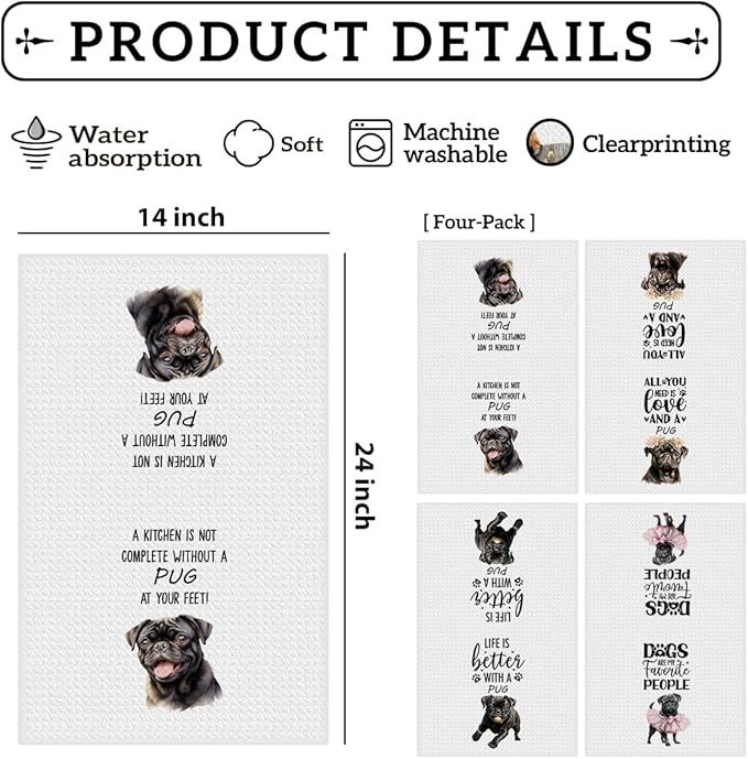 4Pcs Cute Black Pug Kitchen Towels 24x14 Inch, Black Pug Gifts for Woman Mom, Reusable Waffle Weave Microfiber Absorbent Hand Tea Dish Towels for Kitchen Bathroom Home Decor, Dog Lovers Gifts