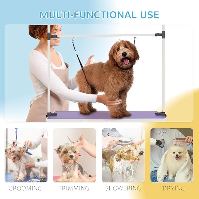 Pet Dog Grooming Table, Foldable Stainless Steel Pet Drying Grooming Table Up to 330lbs, Professional Bathing Desk for Dogs at Home with Adjustable Overhead Arms, Noose, Mesh Tray, 42''/Purple